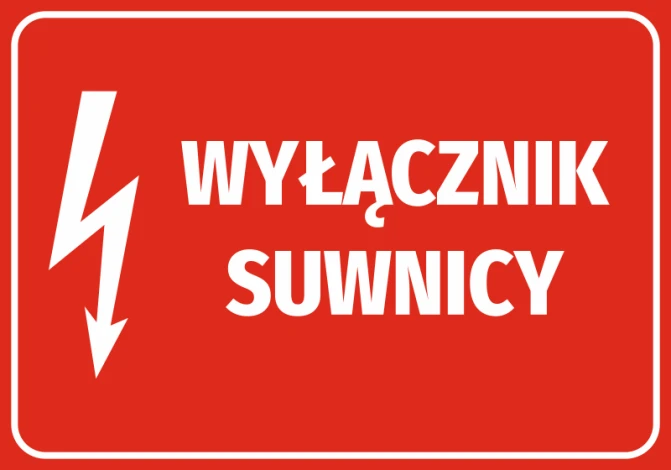 Naklejka Wyłącznik suwnicy - Wzór graficzny. Czerwone tło z białym napisem i symbolem błyskawicy