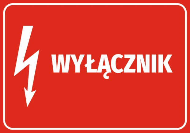 Czerwona naklejka BHP z białym napisem WYŁĄCZNIK i piktogramem błyskawicy, przeznaczona na urządzenia elektryczne
