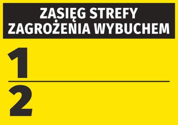 Żółto-czarna naklejka BHP z napisem Zasięg strefy zagrożenia wybuchem oraz cyframi 1 i 2 na białym tle