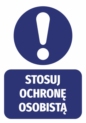 Nakleka Stosuj ochronę osobistą - Wzór graficzny. Okrągły symbol z wykrzyknikiem nad prostokątnym napisem