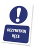 Tabliczka Dezynfekuj ręce - Wzór graficzny. Okrągły symbol z wykrzyknikiem nad napisem DEZYNFEKUJ RĘCE