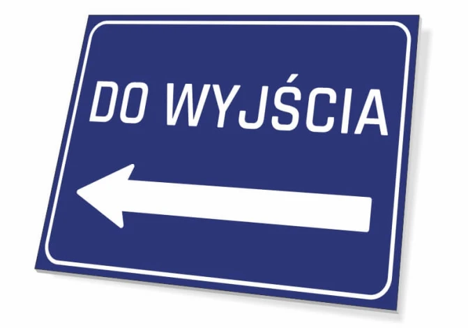 Tabliczka Do wyjścia w lweo T254 - Wzór graficzny. Prosty prostokąt w niebieskim tle z białym napisem i strzałką w lewo