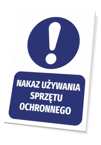 Tabliczka Nakaz używania sprzętu ochronnego - Wzór graficzny. Okrągły symbol z wykrzyknikiem na niebieskim tle. Napis