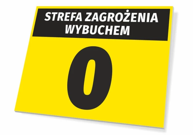 Tabliczka Strefa zagrożenia wybuchem T258 - Wzór graficzny. Żółte tło z czarnym napisem STREFA ZAGROŻENIA WYBUCHEM oraz dużą