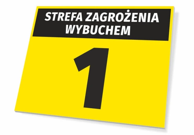 Żółta tabliczka ostrzegawcza BHP z czarnym napisem STREFA ZAGROŻENIA WYBUCHEM oraz dużą cyfrą 1
