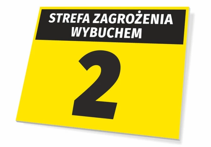 Tabliczka Strefa zagrożenia wybuchem T260 - Wzór graficzny. Żółte tło z czarnym napisem i dużą cyfrą 2