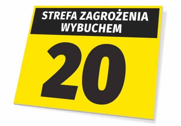Żółta tabliczka BHP z czarnym napisem STREFA ZAGROŻENIA WYBUCHEM oraz dużą cyfrą 20, pokazana na białym tle