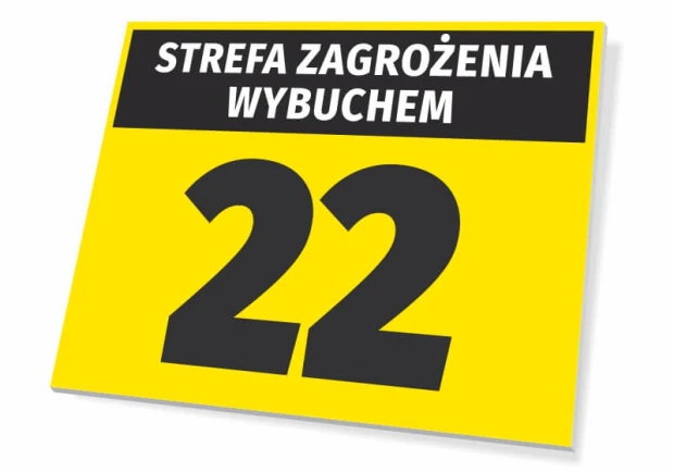 Żółto-czarna tabliczka BHP z napisem STREFA ZAGROŻENIA WYBUCHEM i dużą cyfrą 22, pokazana na białym tle