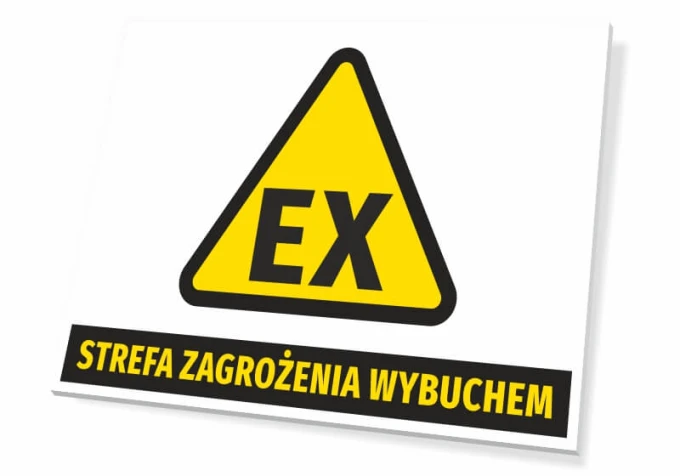 Tabliczka Strefa zagrożenia wybuchem T265 - Wzór graficzny. Trójkątna forma w żółtym kolorze z czarnym napisem EX