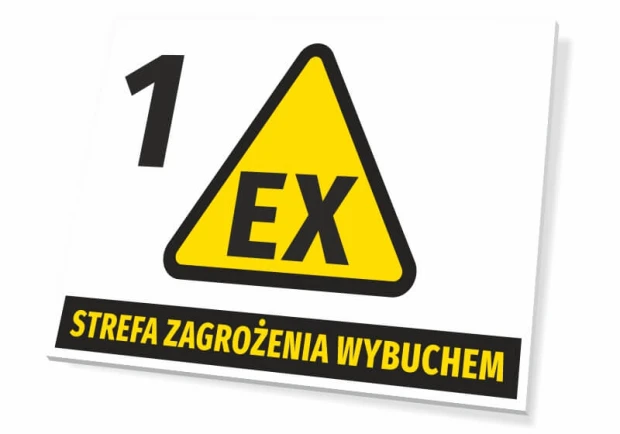 Tabliczka Strefa zagrożenia wybuchem T266 - Wzór graficzny. Żółty trójkąt z czarnym napisem EX oraz czarnym paskiem