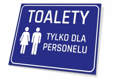 Tabliczka Toalety tylko dla personelu - Wzór graficzny. Niebieskie tło z białymi symbolami mężczyzny i kobiety oraz tekstem