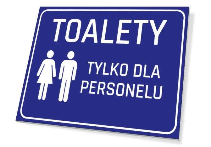 Tabliczka Toalety tylko dla personelu - Wzór graficzny. Niebieskie tło z białymi symbolami mężczyzny i kobiety oraz tekstem