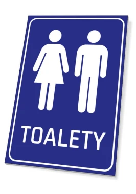 Tabliczka Toalety T231 - Wzór graficzny. Dwa piktogramy przedstawiające postacie mężczyzny i kobiety na niebieskim tle