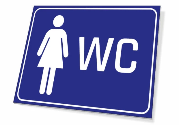 Tabliczka WC damski - Wzór graficzny. Prostokątna tabliczka z białym piktogramem kobiety i napisem WC
