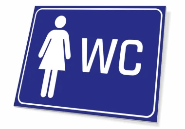 Tabliczka WC damski - Wzór graficzny. Prostokątna tabliczka z białym piktogramem kobiety i napisem WC