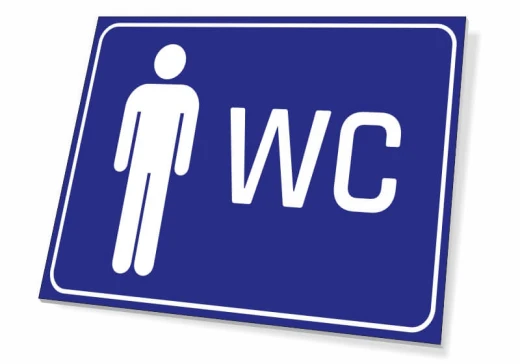Niebieska prostokątna tabliczka WC męskie z białym piktogramem postaci mężczyzny i napisem WC na białym tle