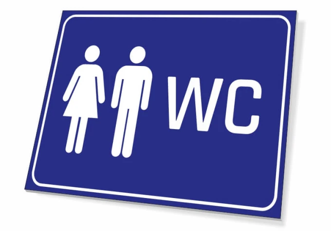Tabliczka WC T235 - Wzór graficzny. Dwa piktogramy przedstawiające postacie mężczyzny i kobiety obok napisu WC