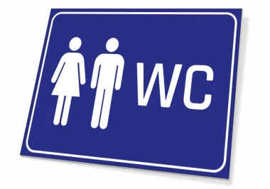 Tabliczka WC T235 - Wzór graficzny. Dwa piktogramy przedstawiające postacie mężczyzny i kobiety obok napisu WC