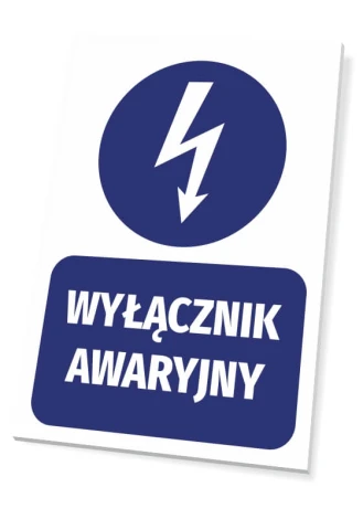 Tabliczka Wyłącznik awaryjny T230 - Wzór graficzny. Okrągły symbol błyskawicy nad napisem w prostokącie