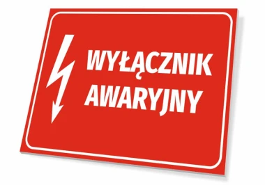 Tabliczka Wyłącznik awaryjny T241 - Wzór graficzny. Czerwone tło z białym tekstem i symbolem błyskawicy