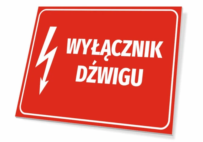 Tabliczka Wyłącznik dźwigu - Wzór graficzny. Czerwone tło z białym napisem i symbolem pioruna