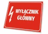 Tabliczka Wyłącznik główny - Wzór graficzny. Czerwone tło z białym tekstem i symbolem błyskawicy