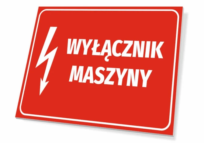 Tabliczka Wyłącznik maszyny - Wzór graficzny. Czerwone tło z białym tekstem i symbolem błyskawicy