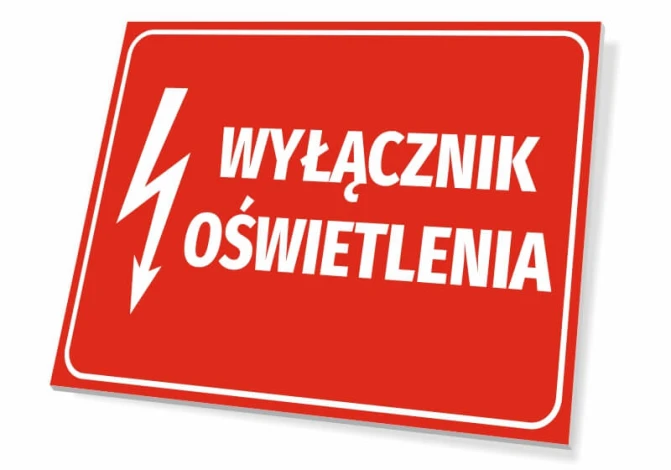 Tabliczka Wyłącznik oświetlenia - Wzór graficzny. Czerwone tło z białym napisem i symbolem błyskawicy