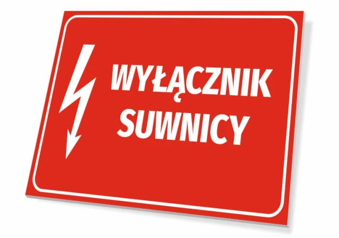 Tabliczka Wyłącznik suwnicy - Wzór graficzny. Czerwone tło z białym napisem i symbolem błyskawicy