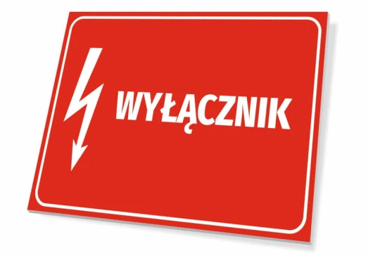 Czerwona tabliczka BHP z białym napisem WYŁĄCZNIK i piktogramem błyskawicy, pokazana jako fizyczny produkt