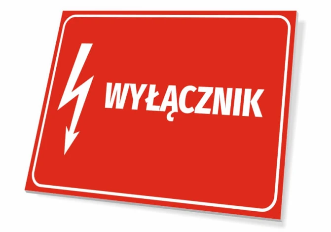 Tabliczka Wyłącznik - Wzór graficzny. Czerwone tło z białym napisem WYŁĄCZNIK oraz symbolem błyskawicy