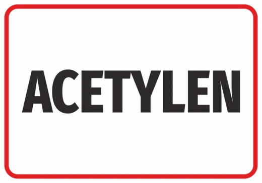 Naklejka BHP z czarnym napisem ACETYLEN w czerwonej ramce na białym tle, przeznaczona do znakowania butli gazowych