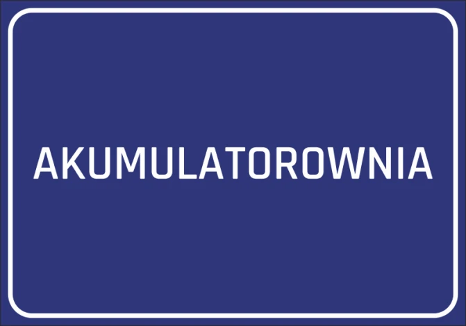 Naklejka Akumulatorownia - Wzór graficzny. Prosty, prostokątny kształt z białym napisem na niebieskim tle