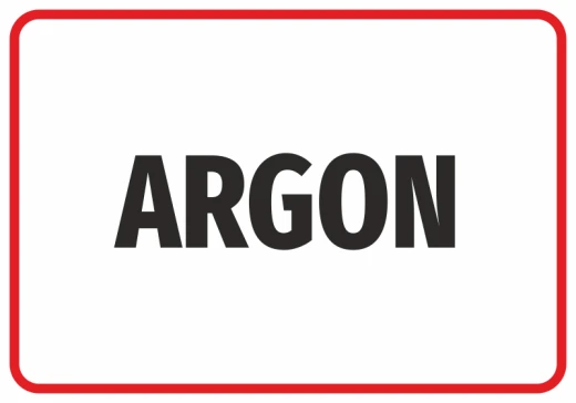 Prostokątna naklejka BHP z czarnym napisem ARGON w czerwonej ramce na białym tle, do oznaczania butli gazowych