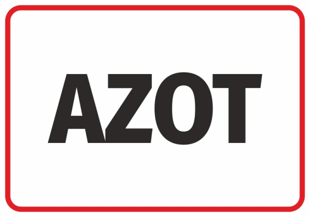 Naklejka BHP z czarnym napisem AZOT w czerwonej ramce na białym tle, przeznaczona do znakowania butli i instalacji