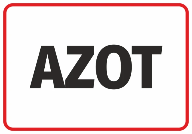 Naklejka Azot - Wzór graficzny. Duże litery AZOT w czerni na białym tle, otoczone czerwoną ramką
