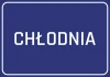 Naklejka Chłodnia - Wzór graficzny. Niebieskie tło z białym napisem CHŁODNIA w prostych literach