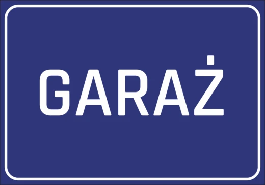 Niebieska naklejka informacyjna na drzwi lub ścianę z białym napisem GARAŻ i ramką na białym tle