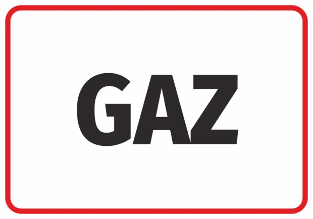 Naklejka Gaz - Wzór graficzny. Czarne litery na białym tle, otoczone czerwoną ramką