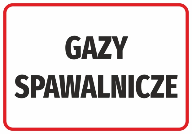 Naklejka BHP z czarnym napisem Gazy spawalnicze w czerwonej ramce na białym tle, wzór na drzwi i ściany