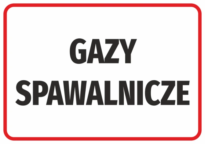 Naklejka Gazy spawalnicze - Wzór graficzny. Duże, czarne litery na białym tle w czerwonej ramce