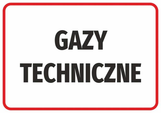 Naklejka Gazy techniczne - Wzór graficzny. Duży, czarny tekst na białym tle w czerwonej ramce