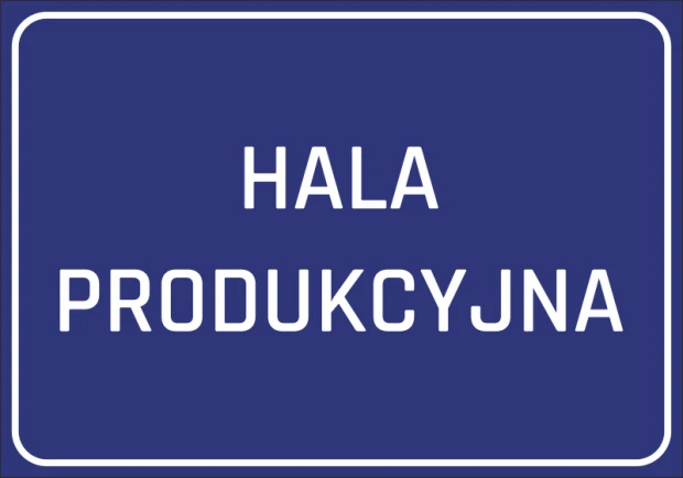 Naklejka Hala produkcyjna - Wzór graficzny. Prosty prostokąt z niebieskim tłem i białym napisem