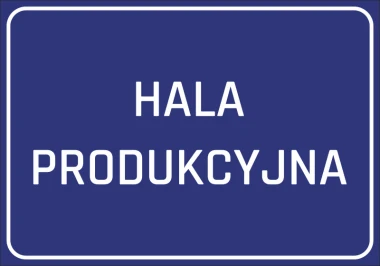 Naklejka Hala produkcyjna - Wzór graficzny. Prosty prostokąt z niebieskim tłem i białym napisem