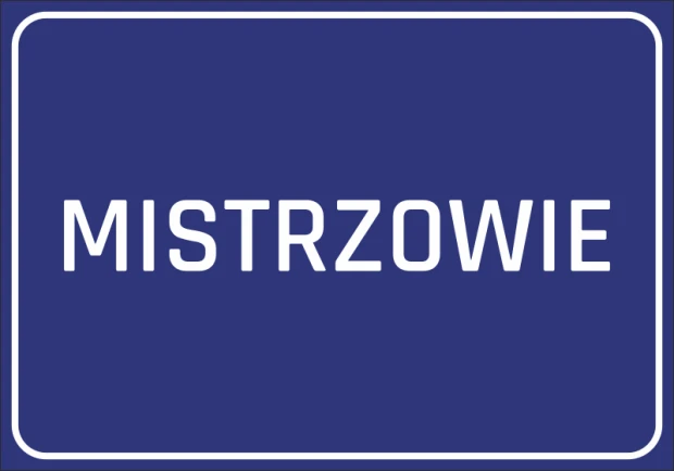 Niebieska naklejka informacyjna BHP z białym napisem MISTRZOWIE na drzwi lub ścianę do oznaczenia pomieszczenia