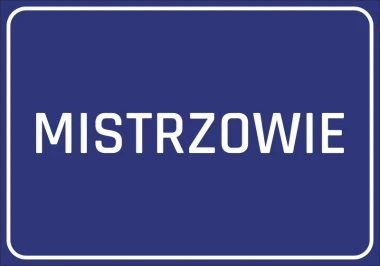Naklejka Mistrzowie - Wzór graficzny. Niebieskie tło z białym napisem MISTRZOWIE w dużej, prostokątnej czcionce