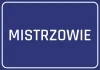 Naklejka Mistrzowie - Wzór graficzny. Niebieskie tło z białym napisem MISTRZOWIE w dużej, prostokątnej czcionce