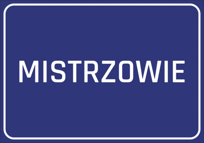 Naklejka Mistrzowie - Wzór graficzny. Niebieskie tło z białym napisem MISTRZOWIE w dużej, prostokątnej czcionce