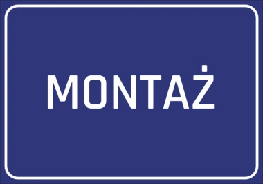 Naklejka Montaż - Wzór graficzny. Niebieskie tło z białym napisem MONTAŻ w dużych literach