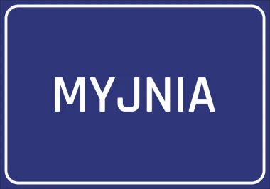Naklejka Myjnia - Wzór graficzny. Prosta, prostokątna naklejka z białym napisem MYJNIA na niebieskim tle